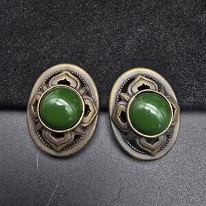 Ginnie Johansen 1987 Clip On Earrings Green Bronze Tone Vintage Jewelry